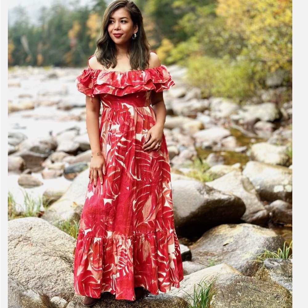 NWT Zara Printed Floral Red Cream Maxi Dress Bloggers Favorite L - Picture 9 of 16